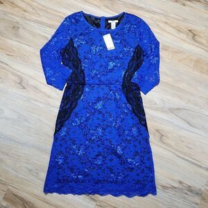 🔹️NWT Bar III Blue & Black Lace 3/4 Sleeve Fitted Dress Medium